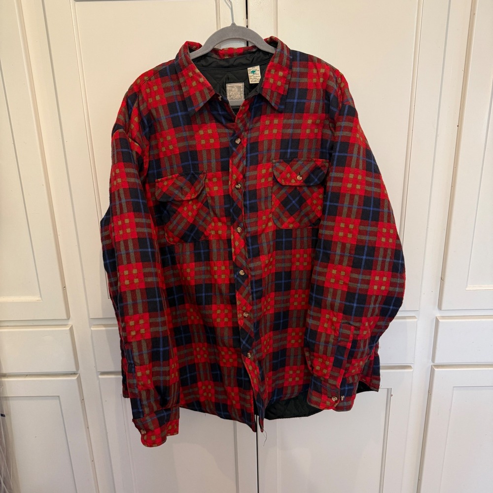 Outdoor Exchange Mens XXL Quilted Flannel Shirt Jacket Red Plaid Heavy Shacket